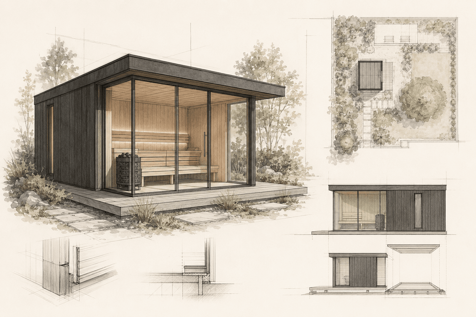 Architekturzeichnung zur individuellen Planung einer Outdoor-Sauna