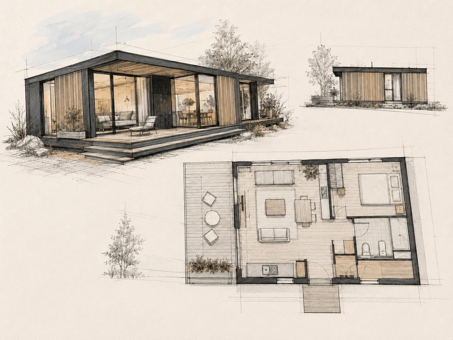Architekturzeichnung und Grundriss eines individuell geplanten Tiny Houses