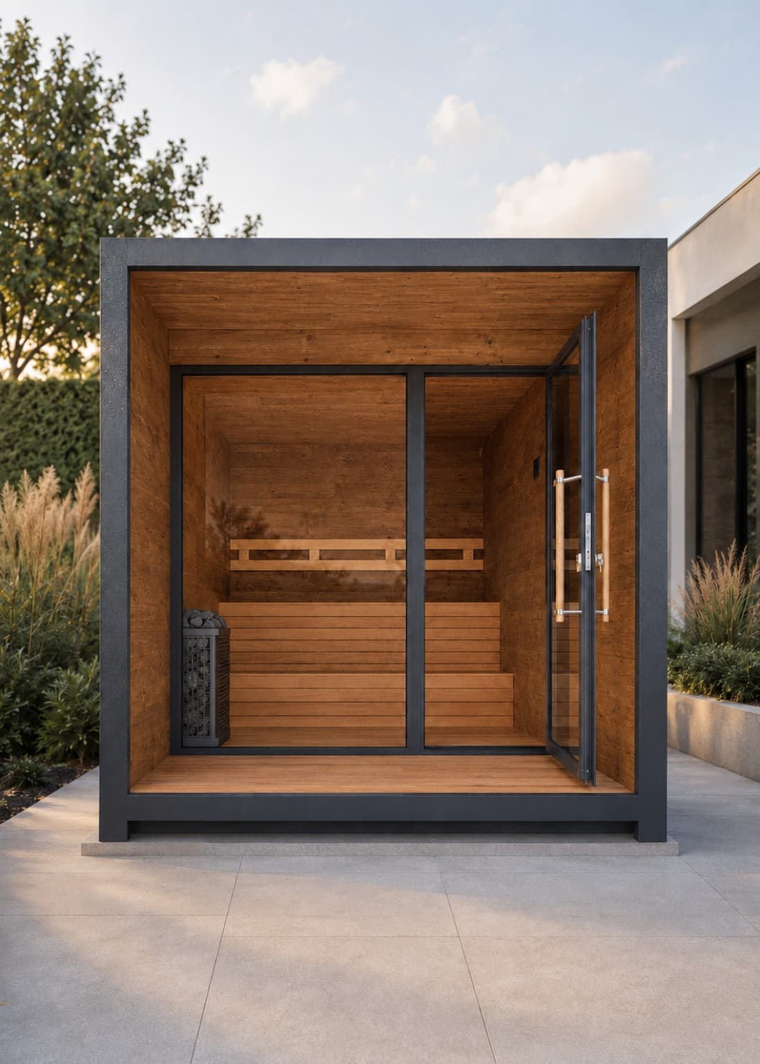 Frontansicht der modularen Outdoor-Sauna