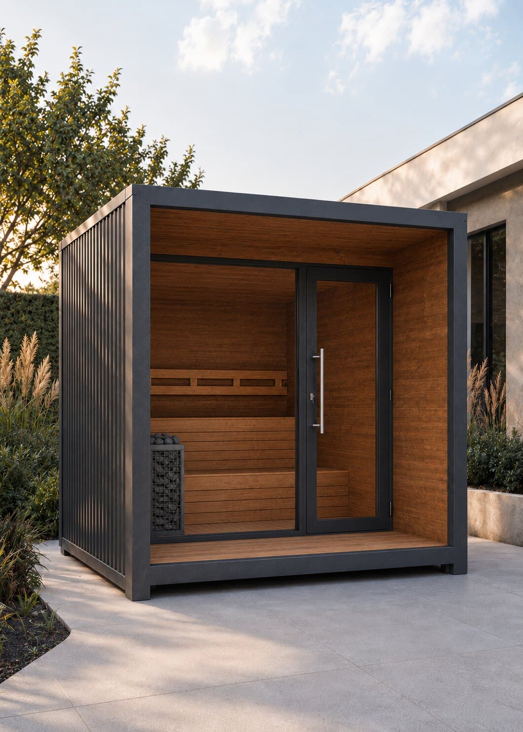 Seitenansicht der modularen Outdoor-Sauna