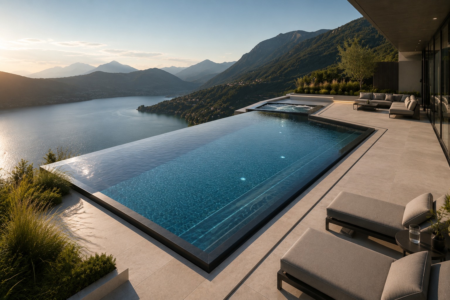 Individuell in eine Terrasse integrierter Infinity Pool mit Whirlpoolbereich